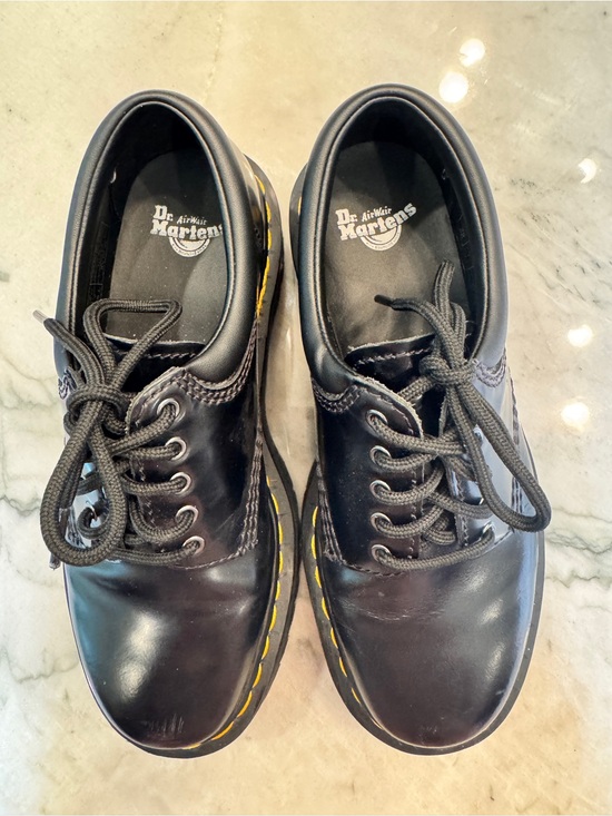 Dr. Martens Shoes - Dr. Martens Black Leather 5-Eye Derby Shoes with Yellow Stitching